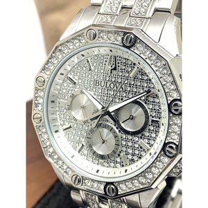 Bulova Men's Watch 96C134 Swarovski Crystals Pave Silver Dial Stainless …